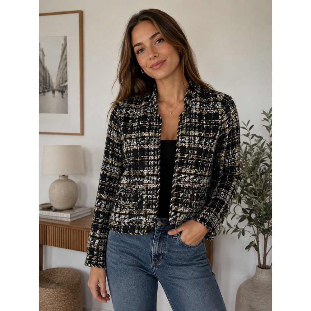 Grace Elements Tweed Boucle Jacket 8P Black Yellow Plaid Cropped Blazer Petite